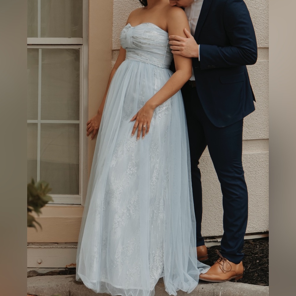 Baby blue light Cinderella strapless gown with sequin and tulle and ruching